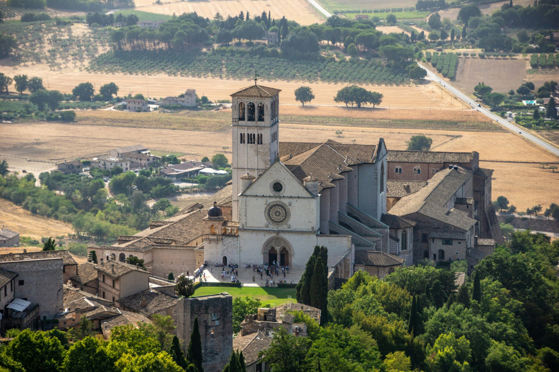 Wide landscape view of the St. Francis Cathedral of Assisi