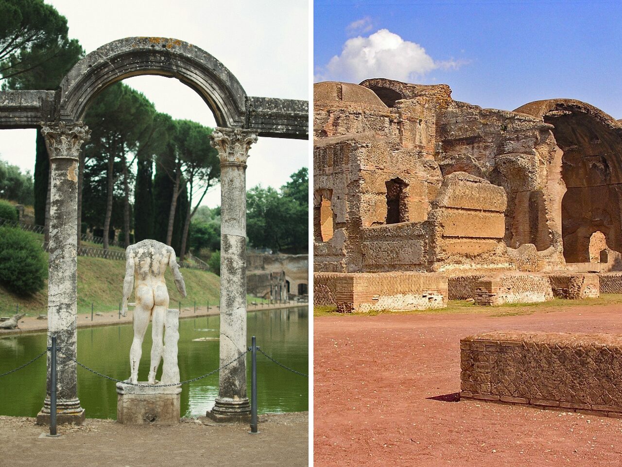 Statue and buildings in Hadrian's Villa or Villa Adriana in Tivoli