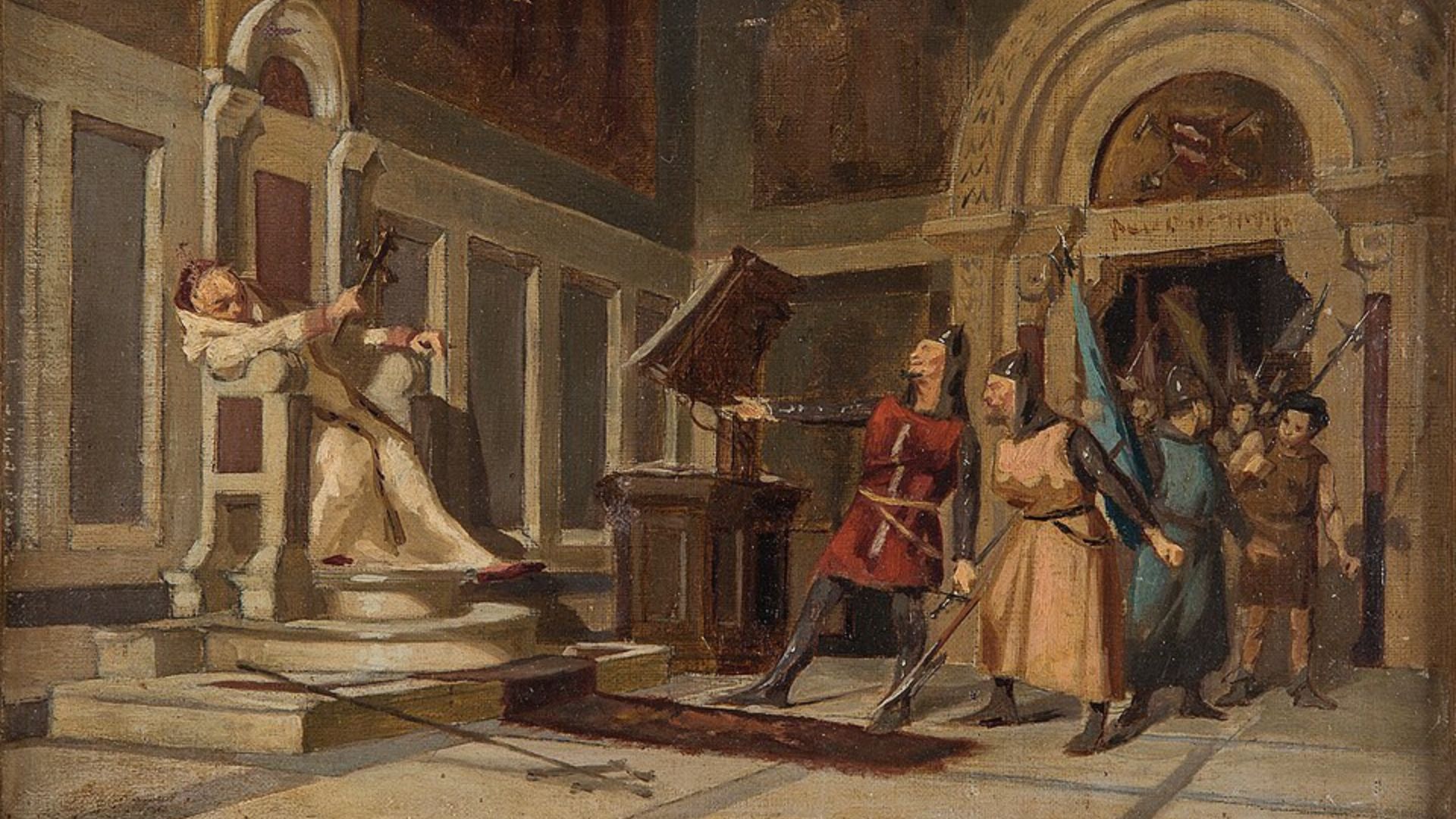Image is a painting of  Sketch for The slap of Anagni (unknown date), by Nicolò Barabino