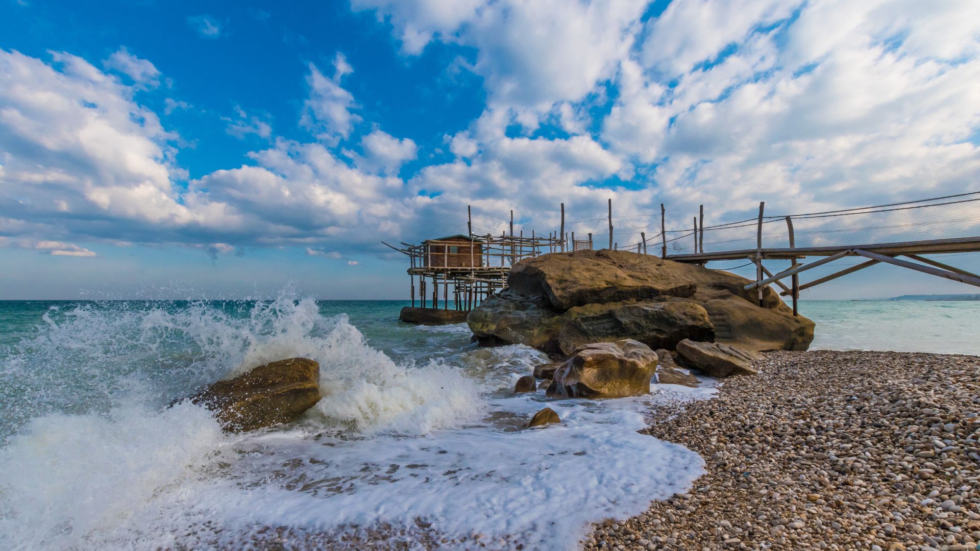 Image shows fishing platform in Trabocchi Coast in Abruzzo, Italy