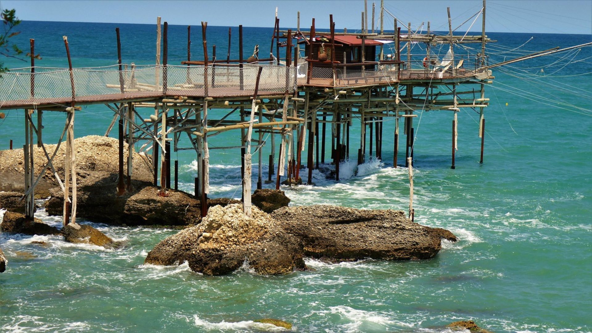 Image shows fishing platform in The Trabocchi of Abruzzo, Italy. 