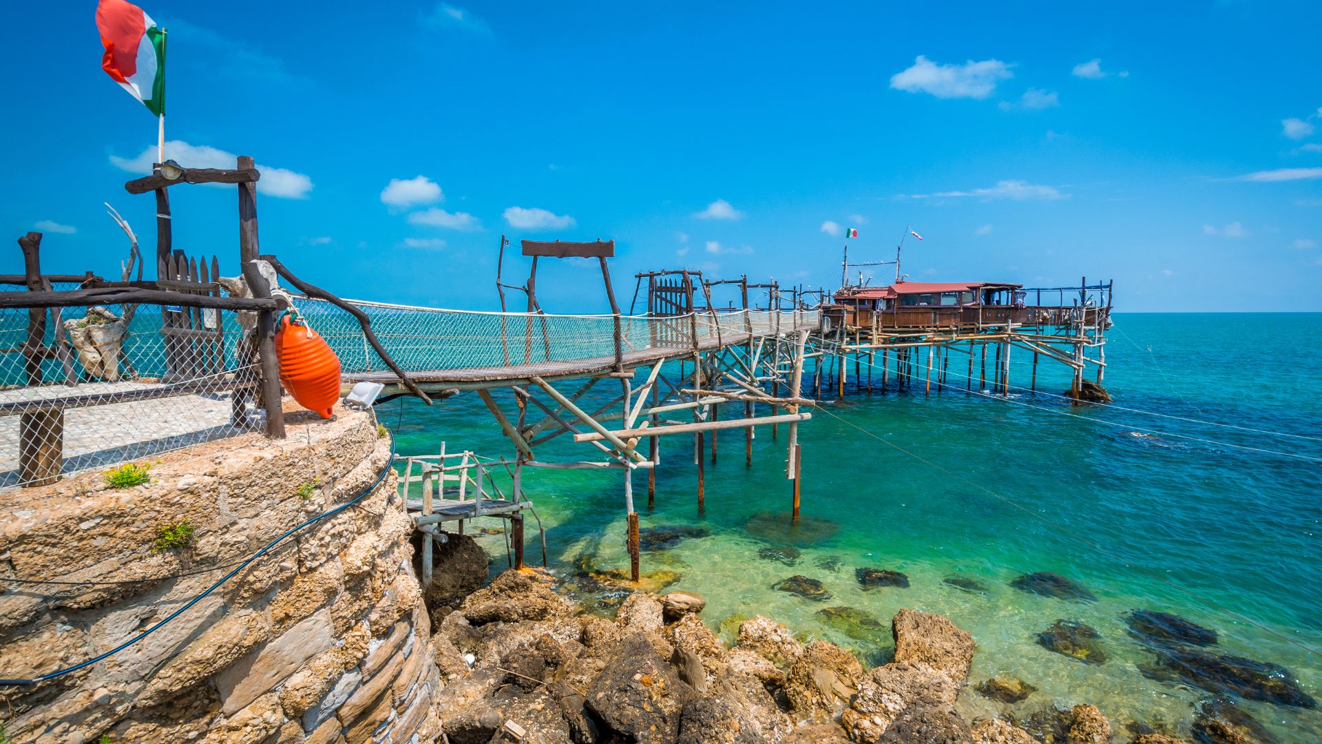Image shows fishing platform at The Trabocchi of Abruzzo, Italy