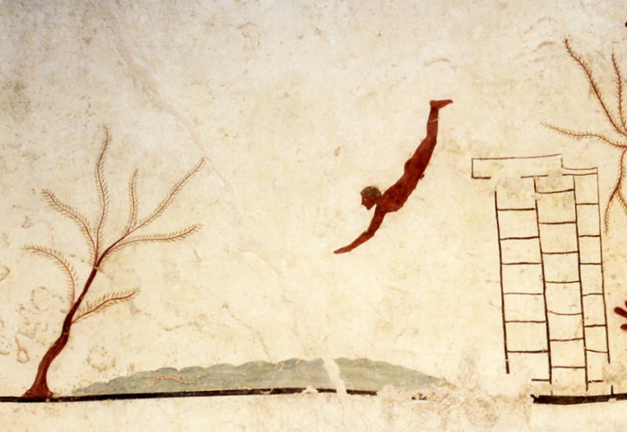 Fresco from the Tomb of the Diver showing a man diving into water, symbolizing the passage to the afterlife.