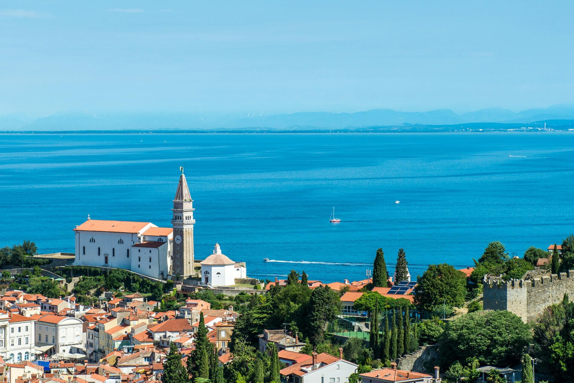View of Trieste, Italy with houses and ocean