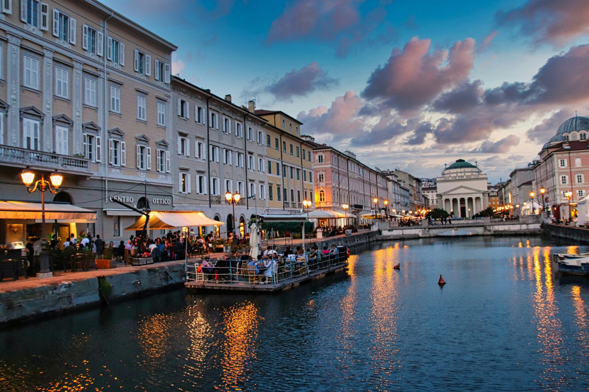 A view of Trieste's Canal Grande at night.
