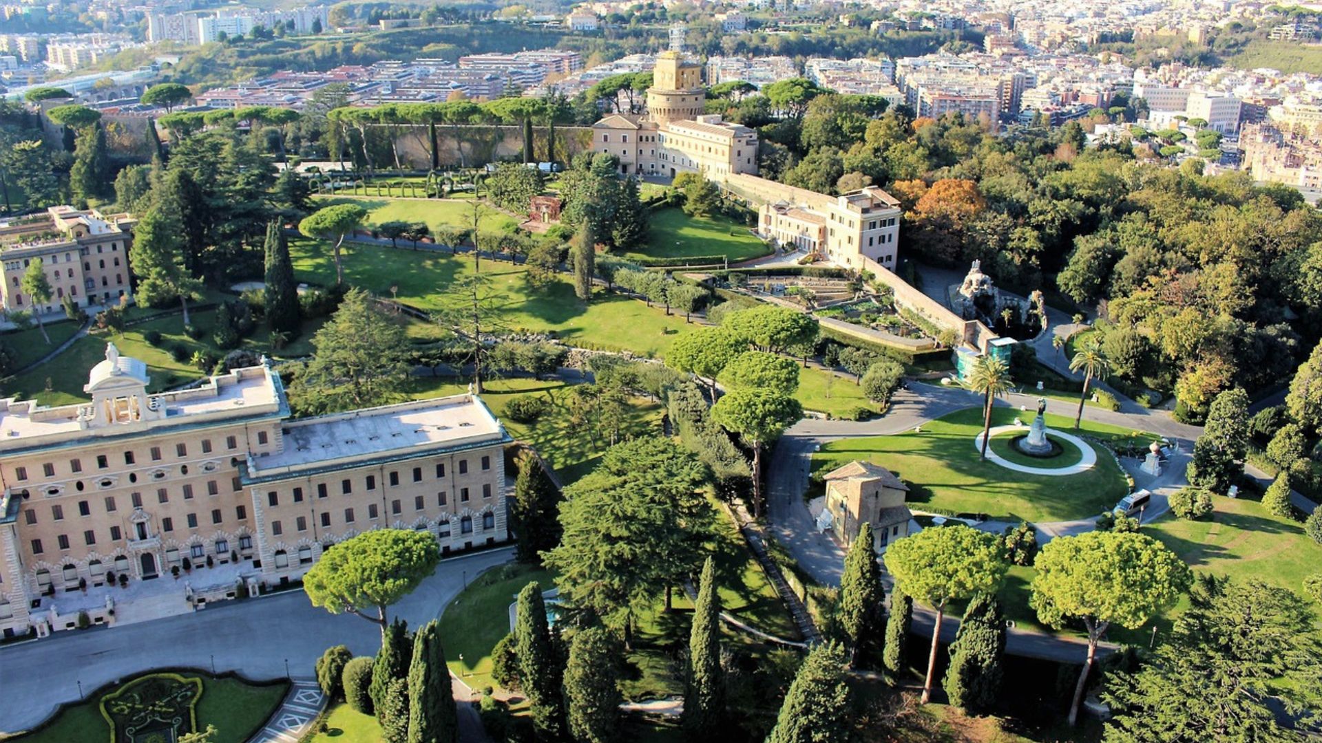 Image shows aerial veiw of gardens in Vatican City