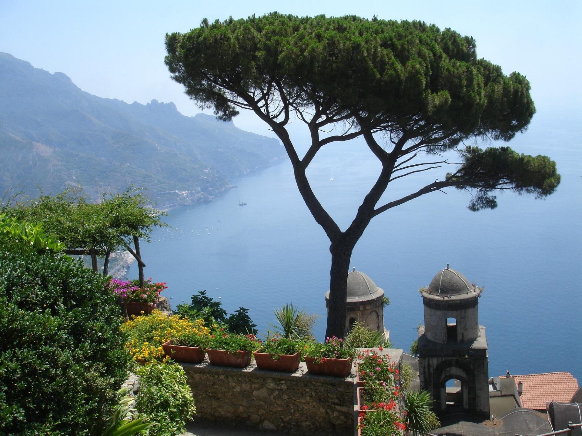 Scenic view of the coastline and Mediterranean Sea from the gardens of Villa Rufolo in Ravello, Italy.