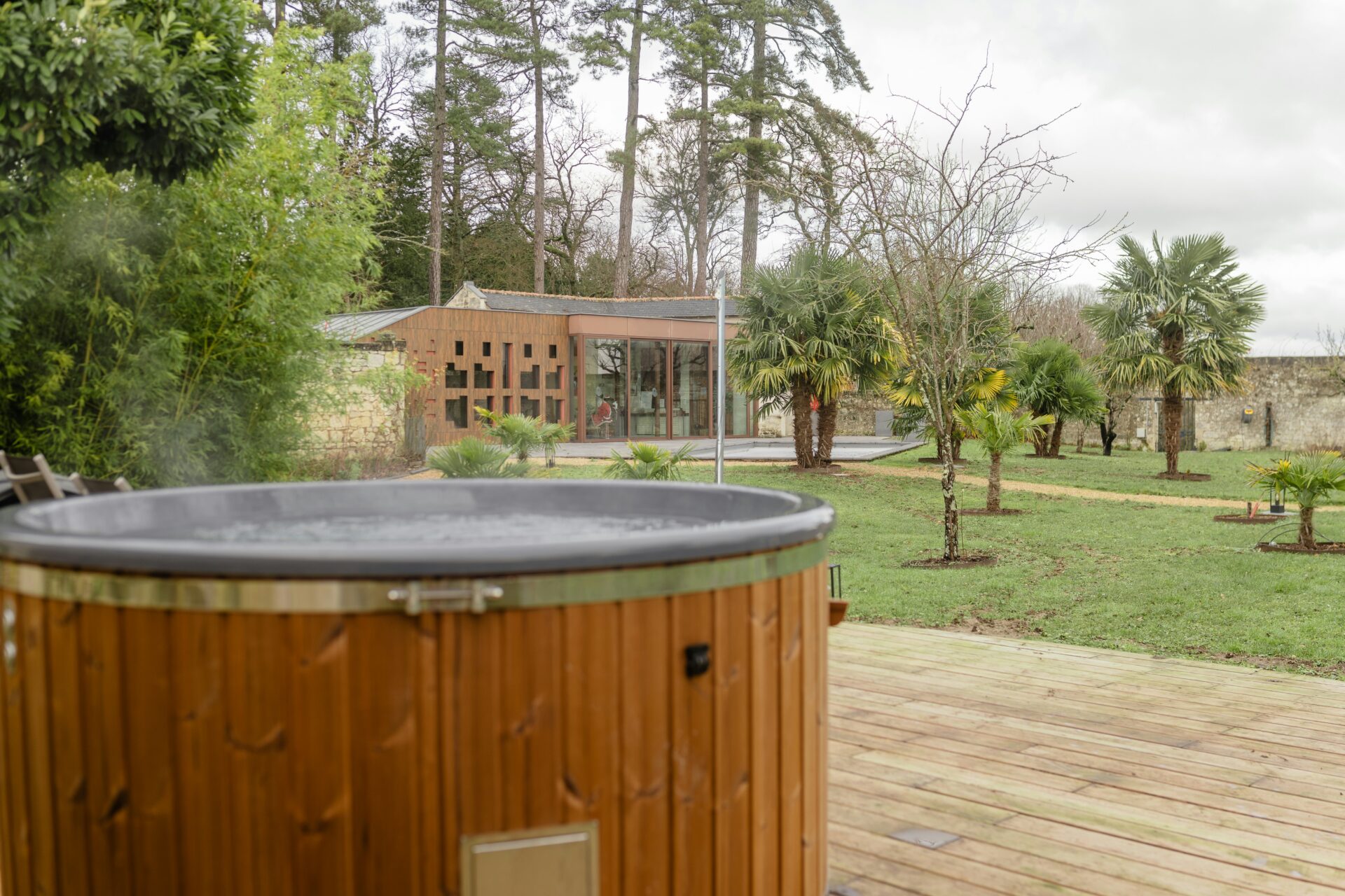 Wooden hot tub at a spa wellness center