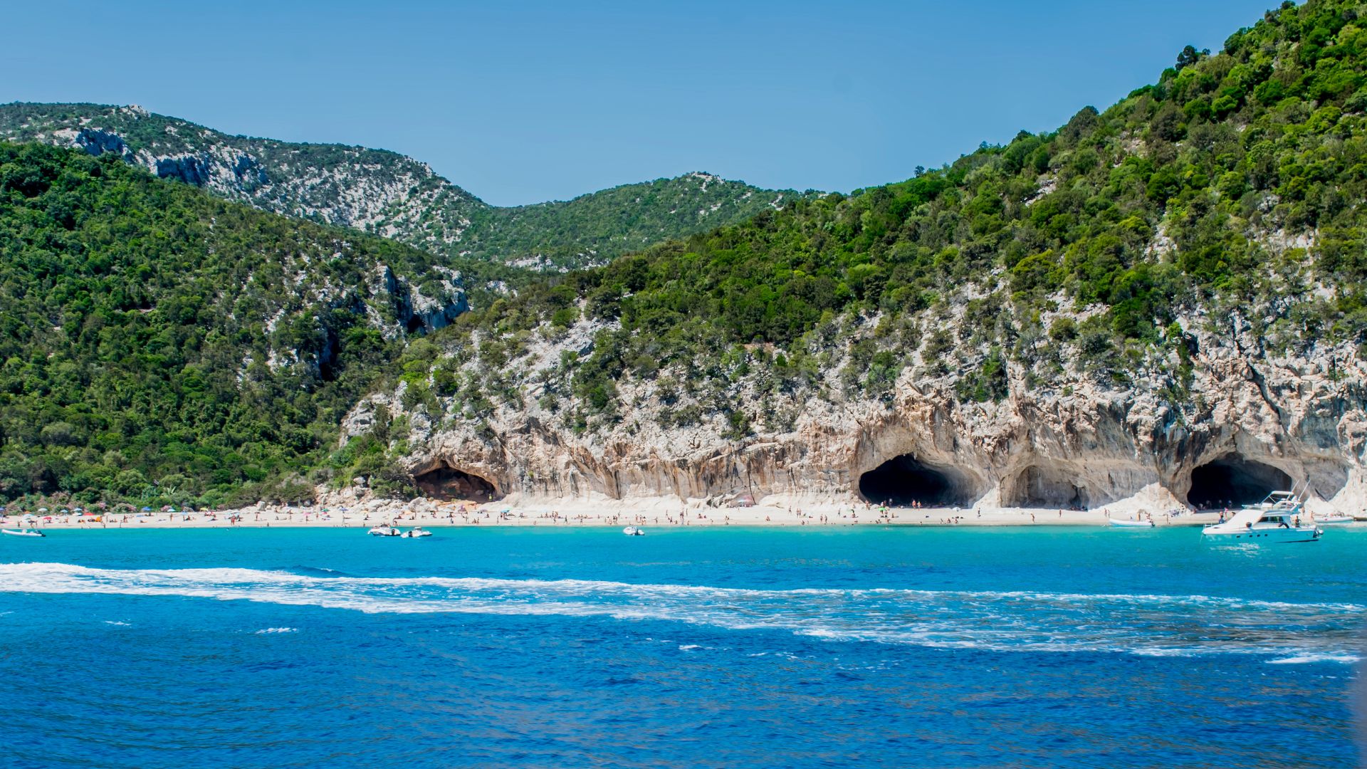 Panoramic view of Cala Luna beach in Sardinia, Italy, showing the crescent-shaped beach, turquoise waters, limestone cliffs with caves, and surrounding green hills under a clear blue sky.