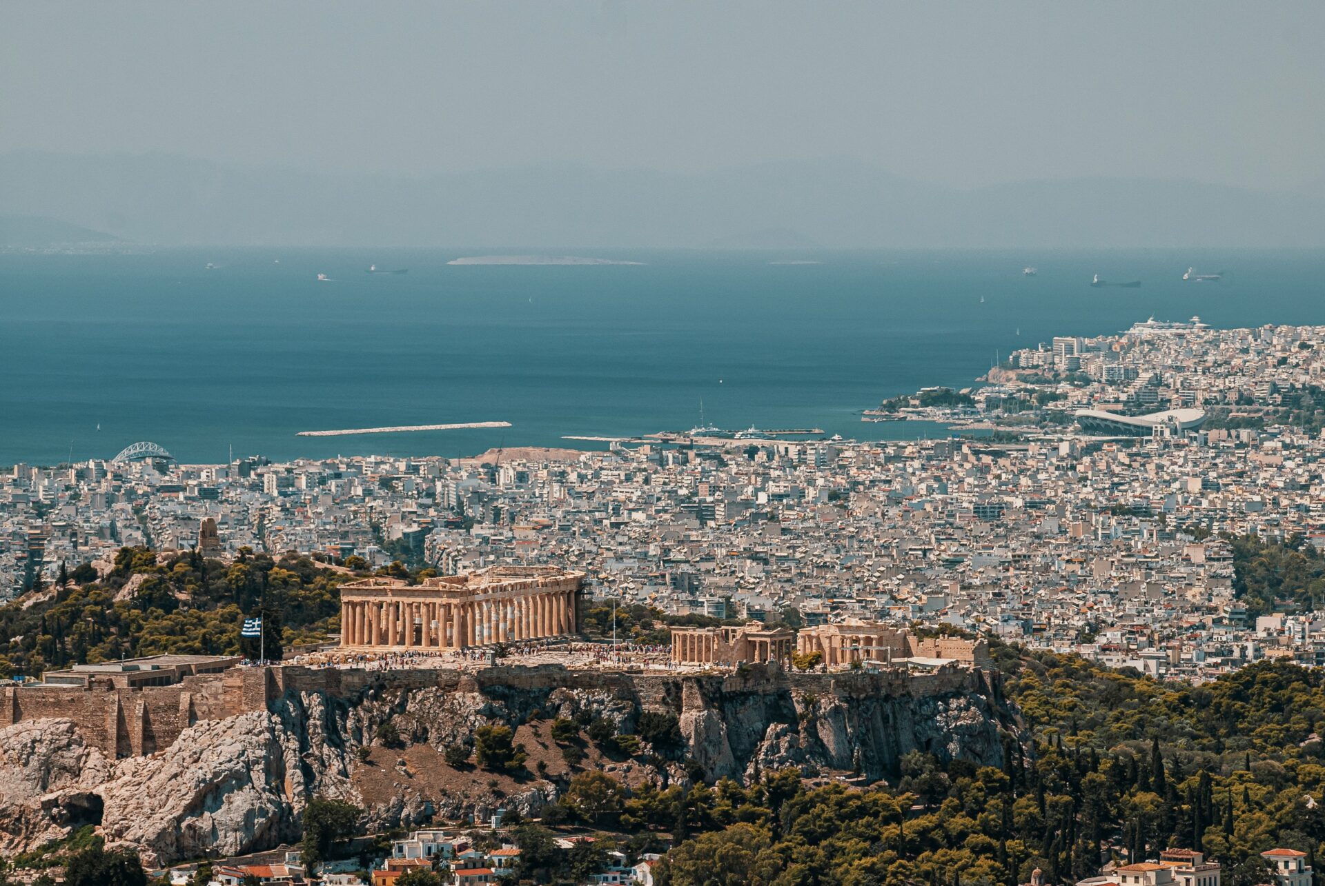 View of Acropolis and Parthenon with a sea behind