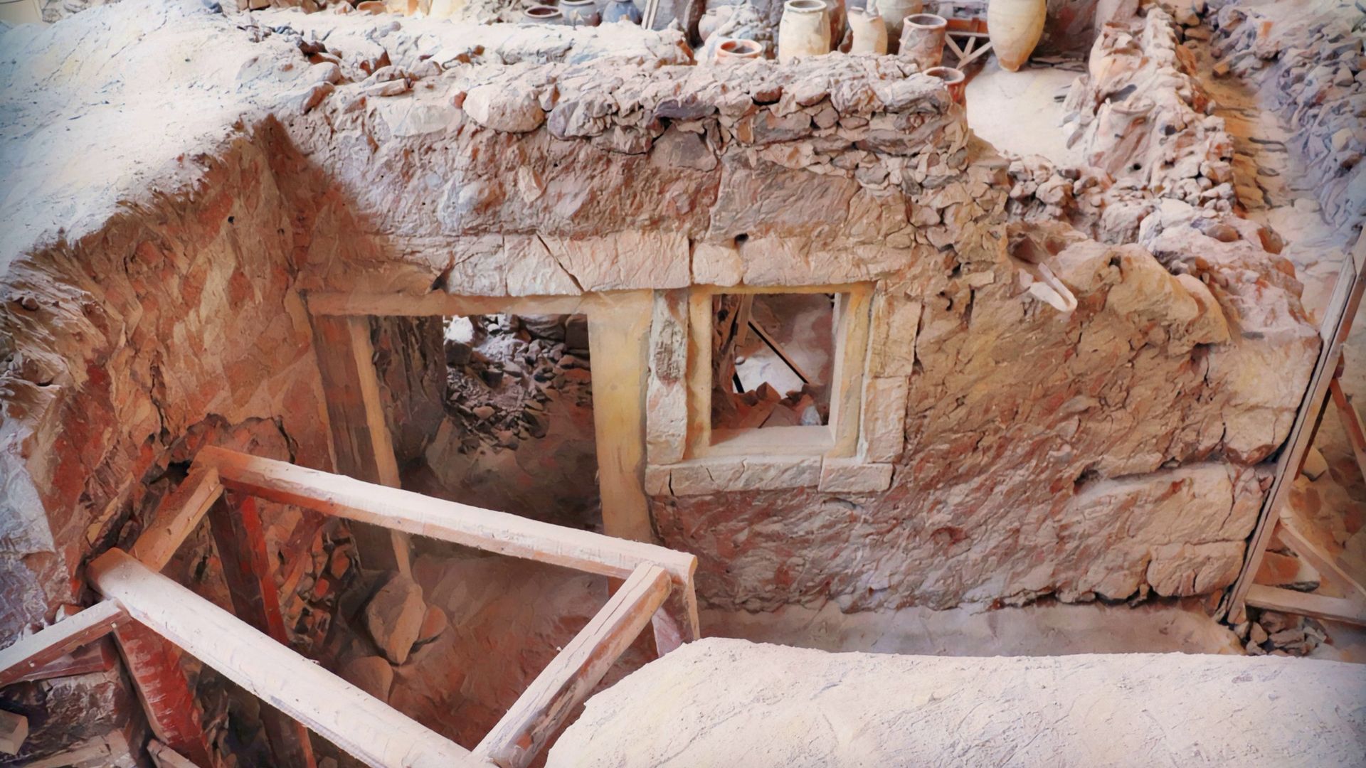 Archaeological site of Akrotiri, Santorini, Greece, showing ancient ruins.