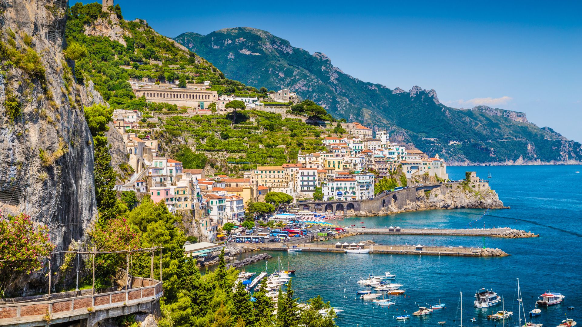 view of sea, mountain cliffs at Amalfi Coast, Italy.