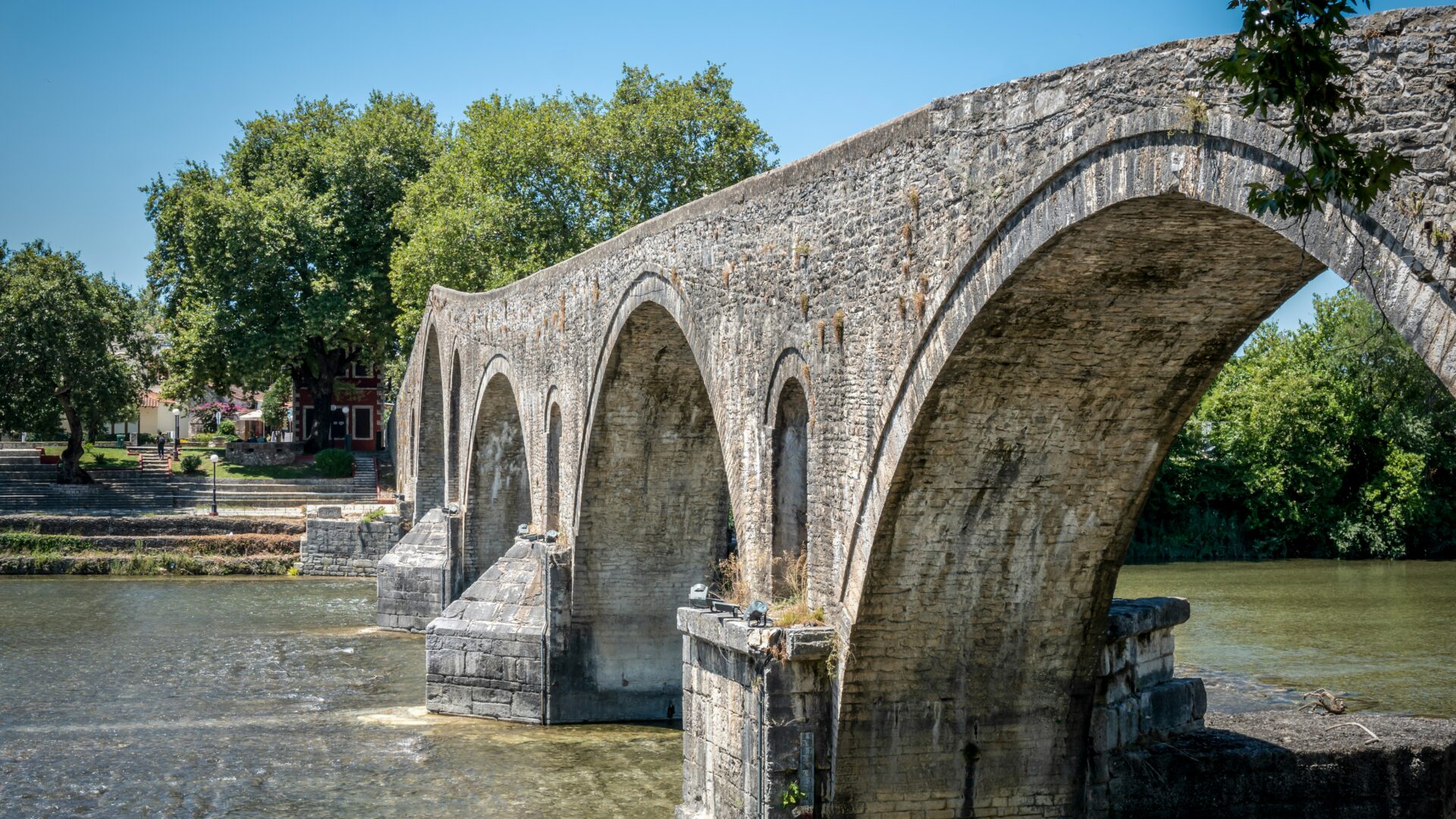 Peaceful morning scene at the Arta Bridge