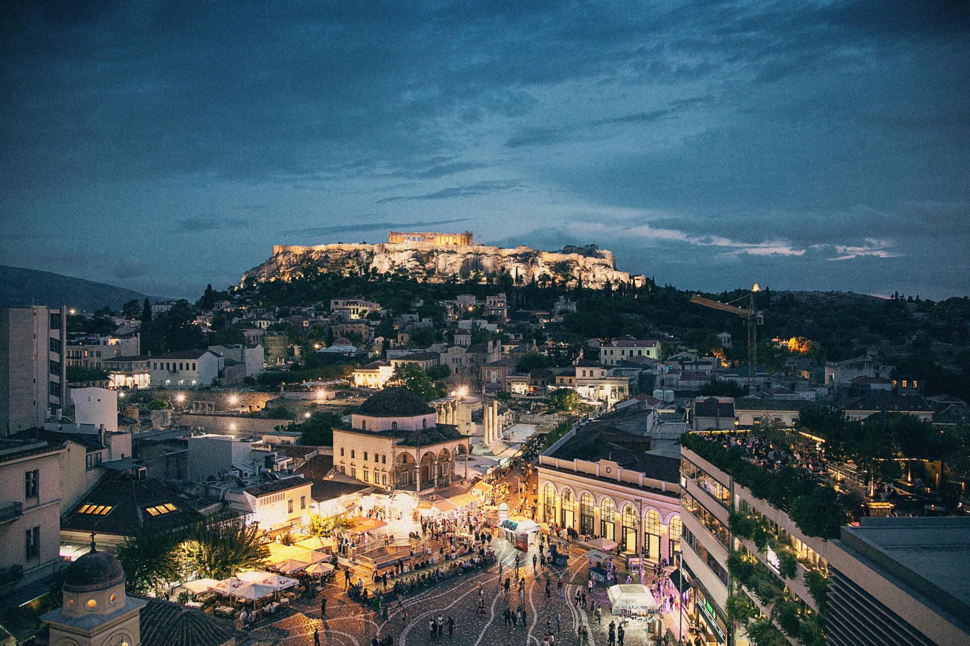 Athens at nighttime with street lights