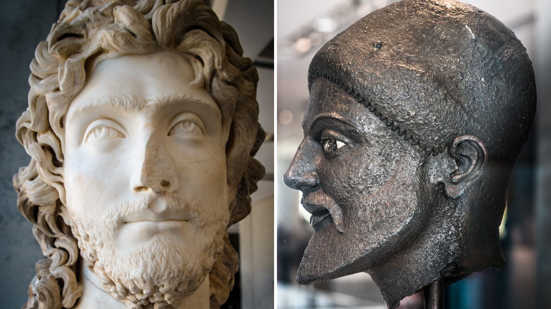 Brass statue of head and marble statue - Acropolis museum