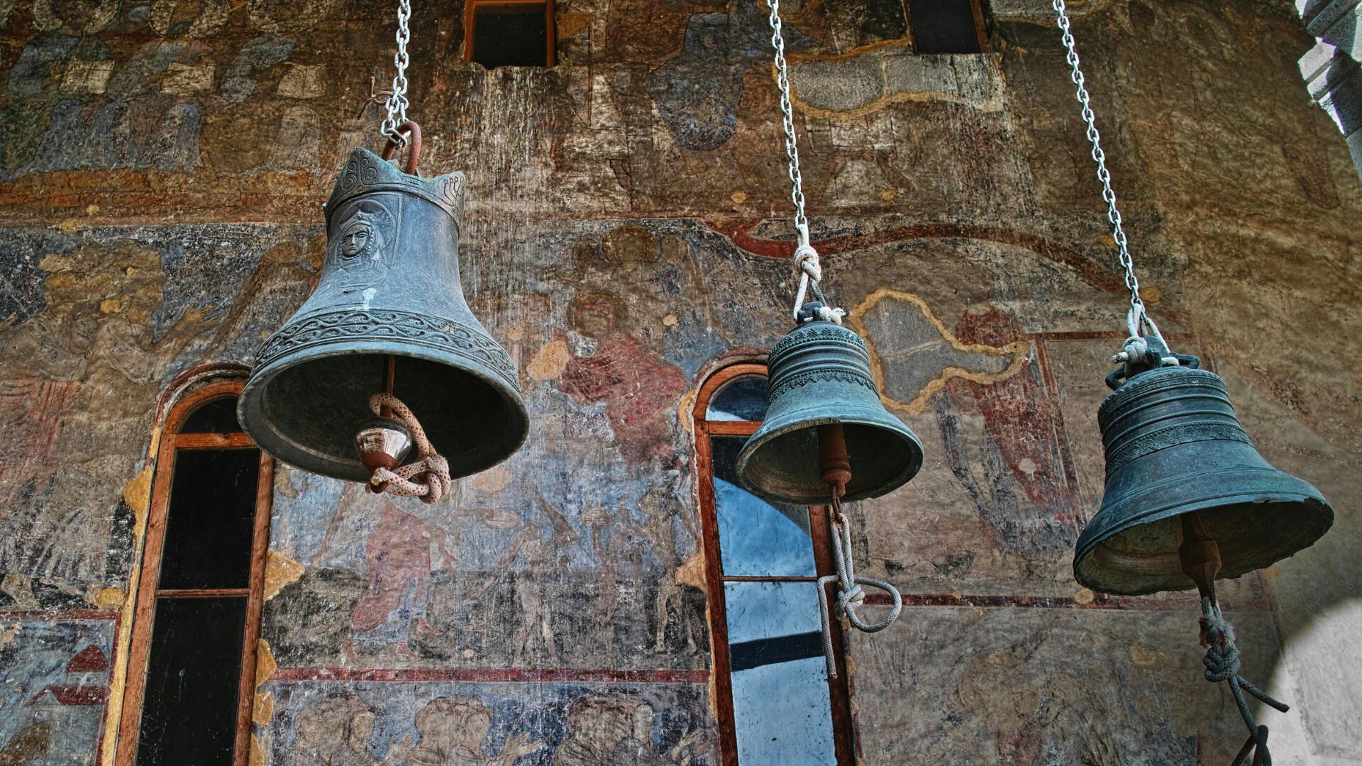 Bronze Church Bells Hanging on Rope