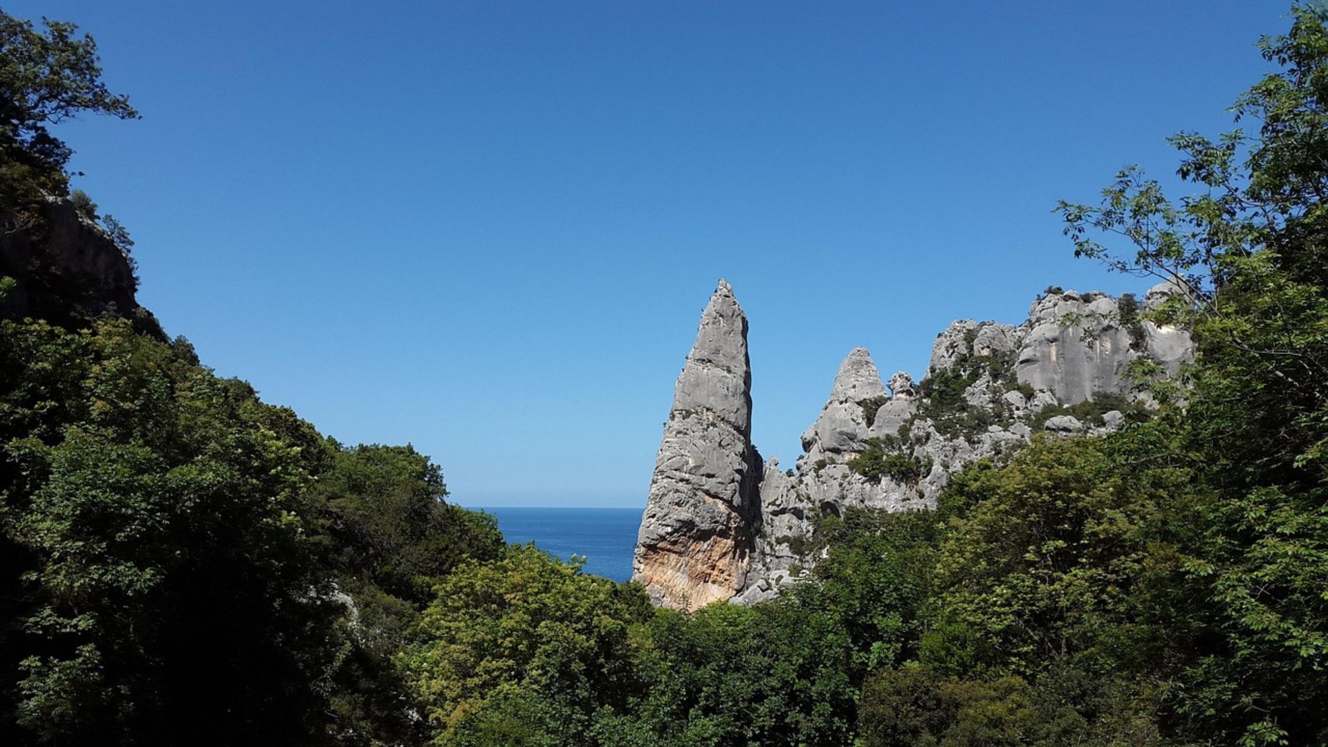 Pointed rocks and luscious green ery at  Cala Goloritzé, Sardinia, Italy