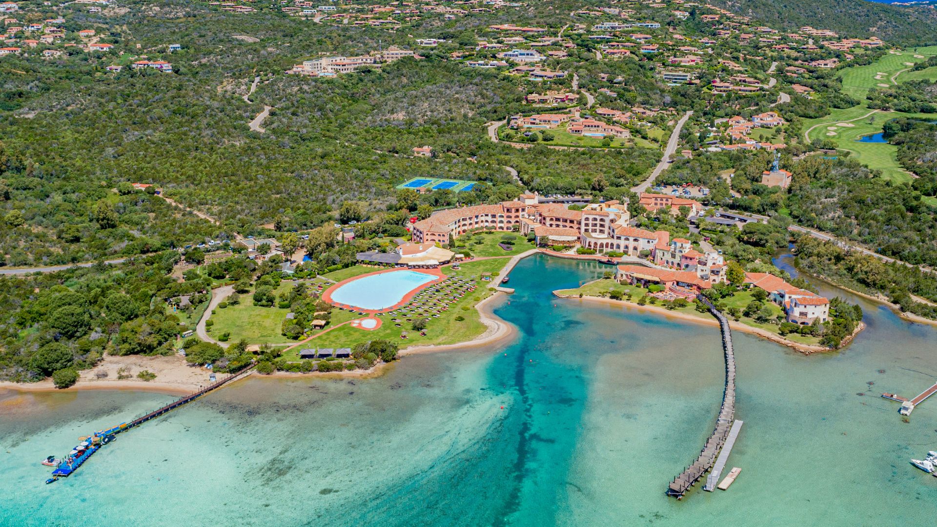 Aerial view of crystal clear water in Cala di Volpe Hotel, Sardinia, Italy.