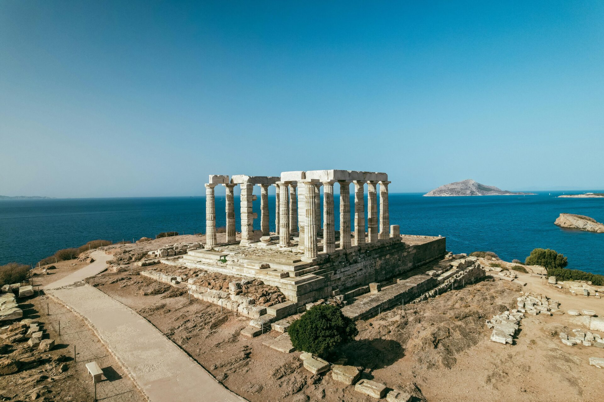 Aerial view of the ancient Temple of Poseidon.