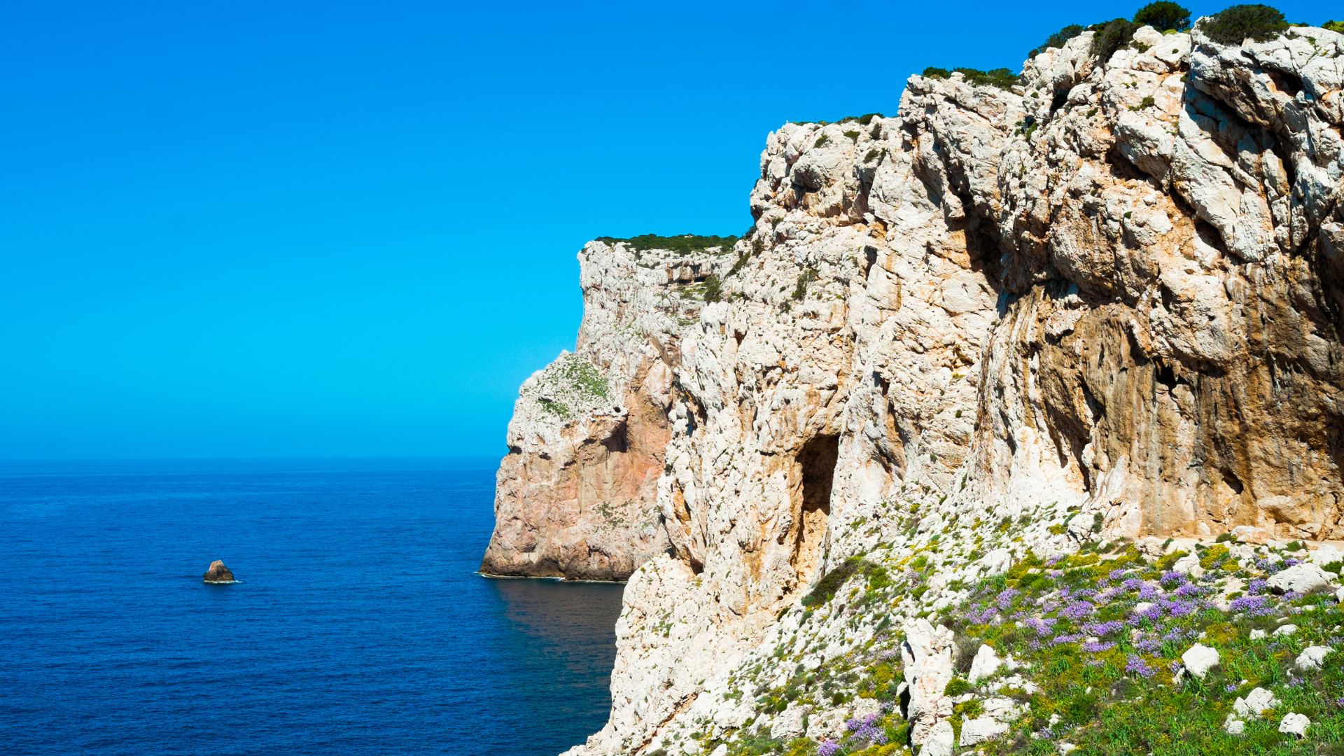 A rocky cliff face of Capo Caccia meets the blue waters of the Mediterranean Sea under a clear sky, with a small islet visible in the distance.