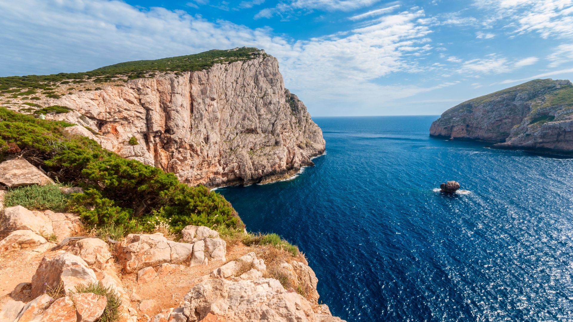 Panoramic view of Capo Caccia, a limestone promontory in Sardinia, Italy, featuring rugged cliffs, green vegetation, and the blue Mediterranean Sea.