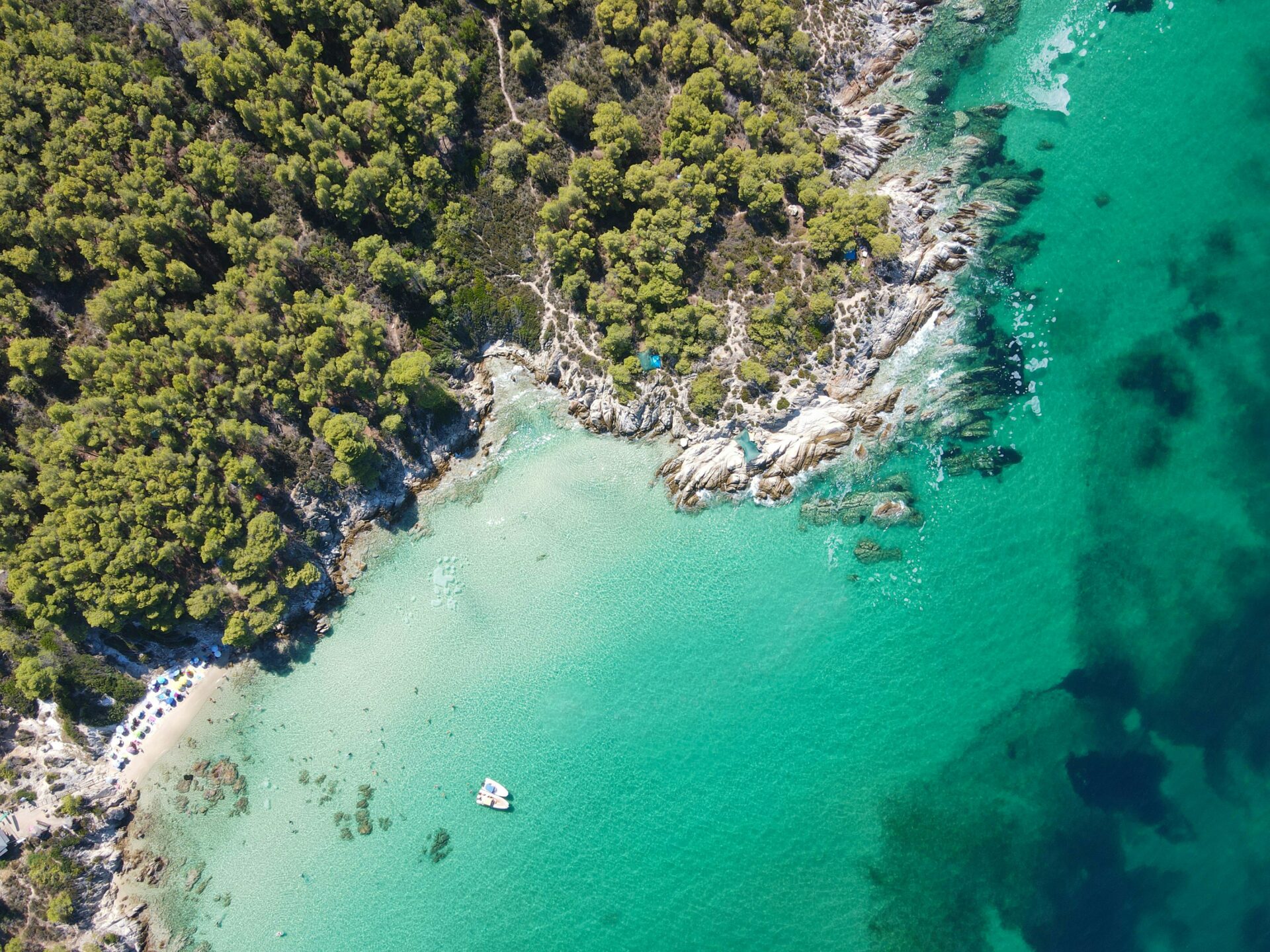 Aerial view of a secluded beach in Chalkidiki, Greece