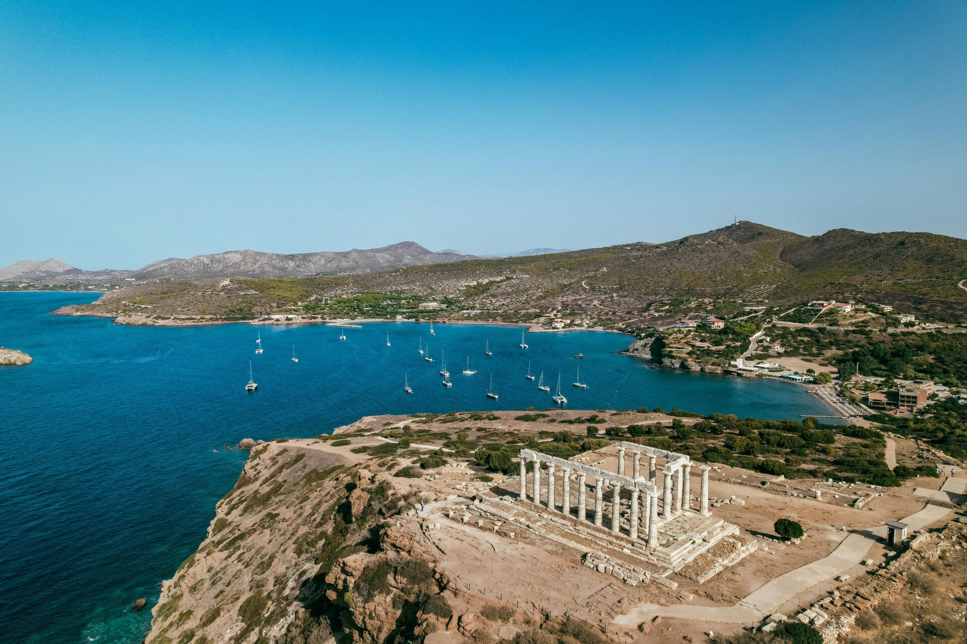 Drone Shot of Temple of Poseidon, Cape Sounion in Greece
