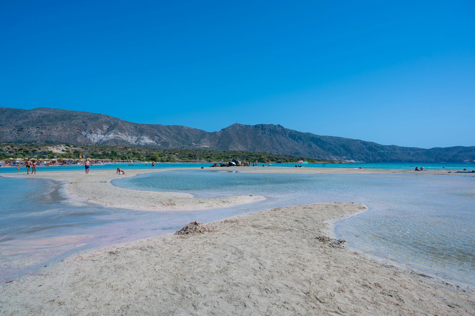 Elafonissi Beach with pink sand, clear shallow water, and beachgoers relaxing and swimming.