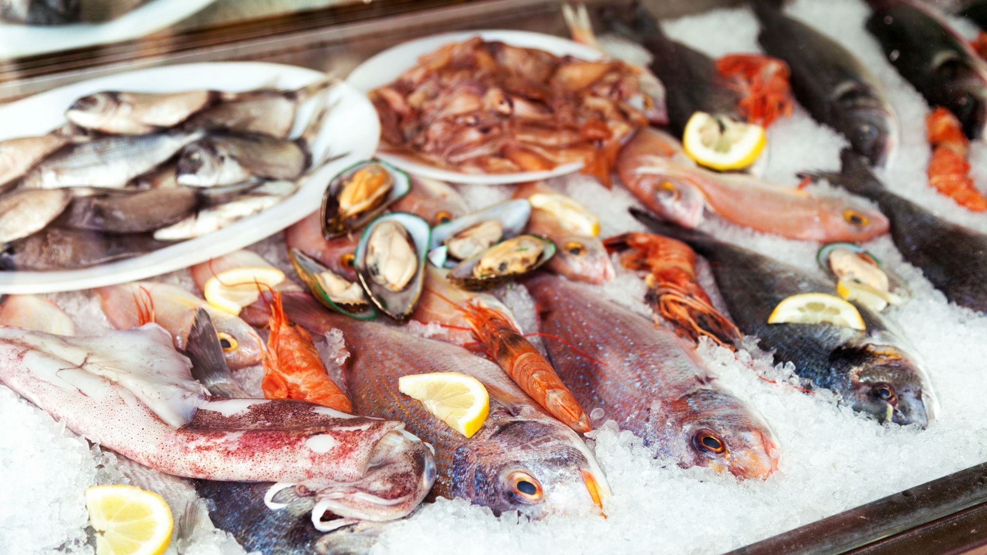 Different fresh fish displayed with some seashells and lemon on a ice. 