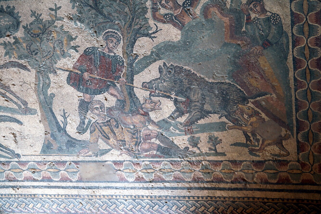 A detailed view of ancient Roman mosaics at Villa Romana del Casale in Sicily