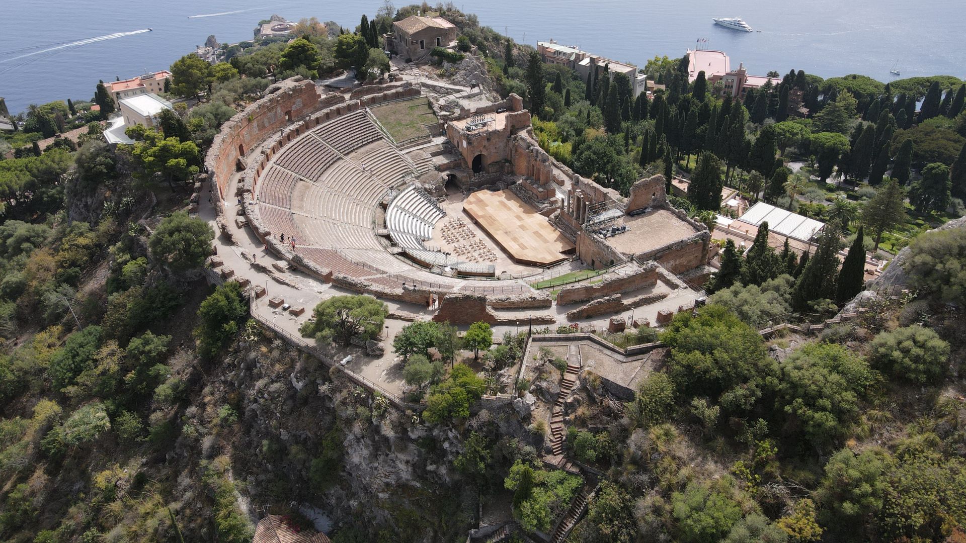 Aerial view of Greek Theater at Taormina, Sicily, Italy.