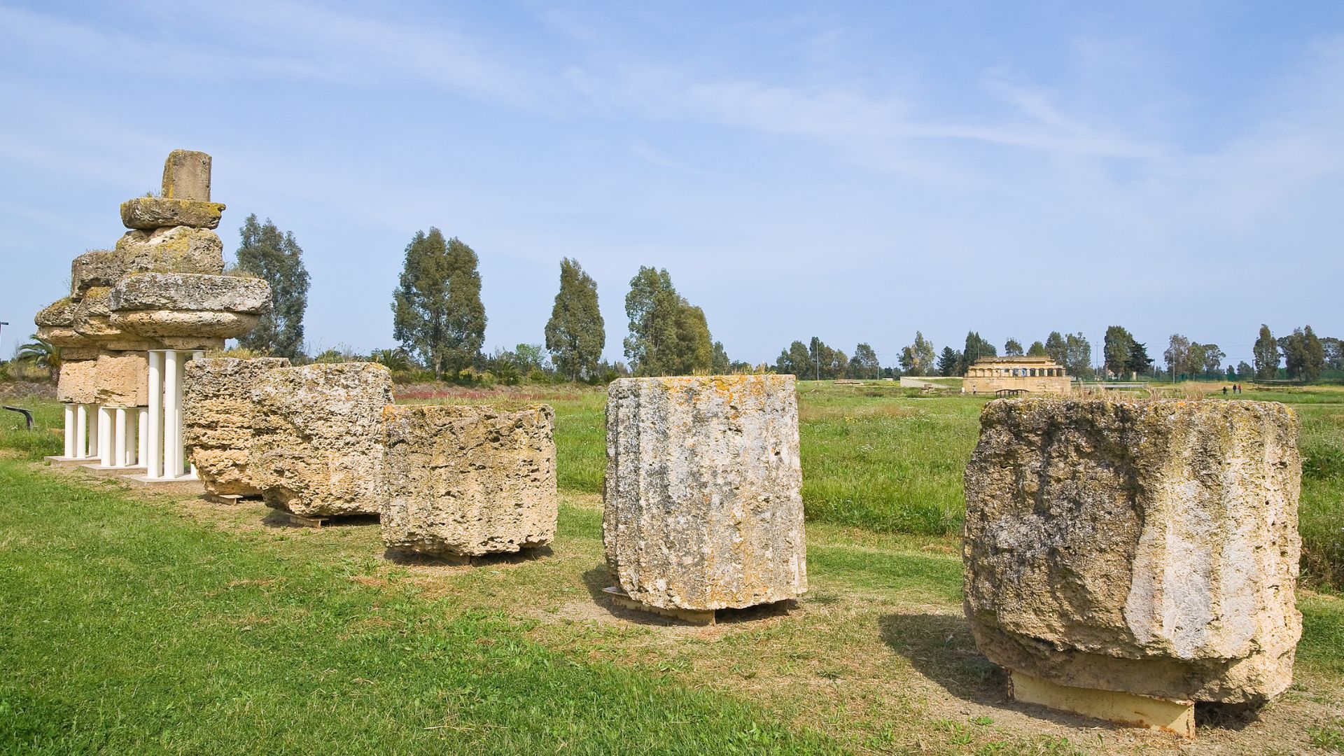 Image shows Greek columns at the Archaeological Park, Metaponto, Italy. 