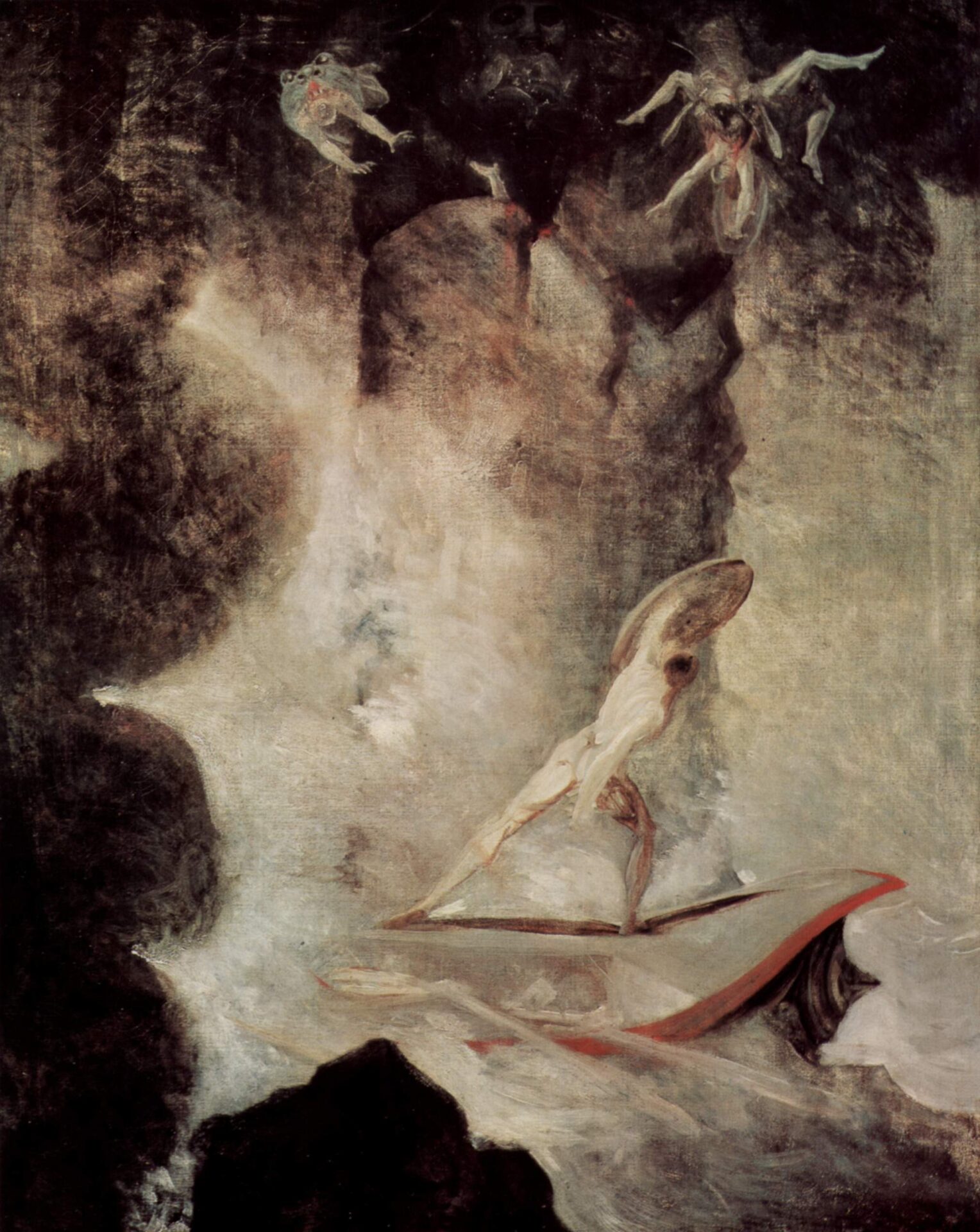 Dramatic painting by Henry Fuseli showing Odysseus struggling to navigate between the monstrous Scylla and the deadly whirlpool Charybdis, with Scilla depicted as a terrifying multi-headed creature emerging from rocky cliffs.
