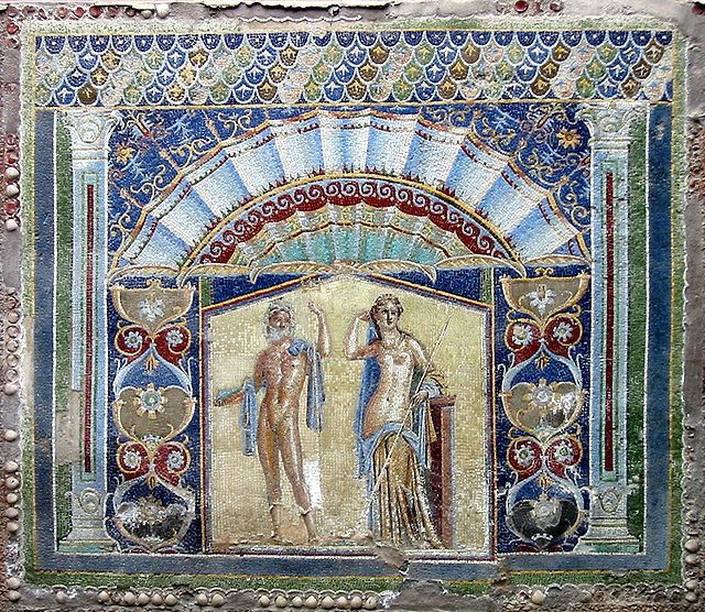 Ancient Roman mosaic with Neptune and Amphitrite, on display in the "House of Neptune and Amphitrite.