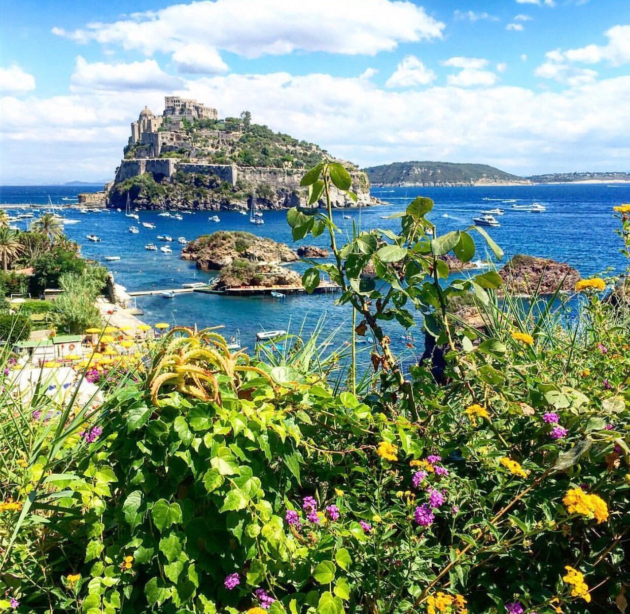 View of Poseidon Thermal Gardens with colorful flowers overlooking the sea and Castello Aragonese in Ischia.
