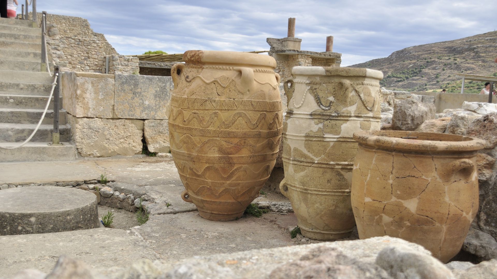 3 pottery jars in Minoan palace of Knossos in Crete, Greece.