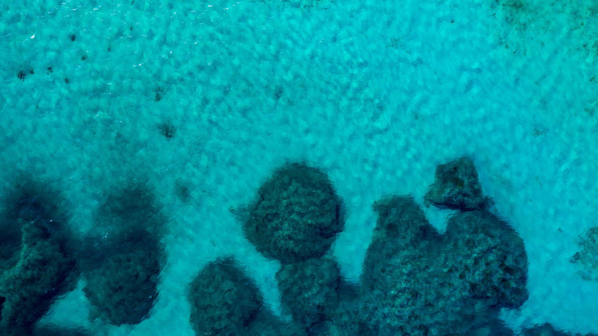 Aerial view of clear, shallow water and rock formations.