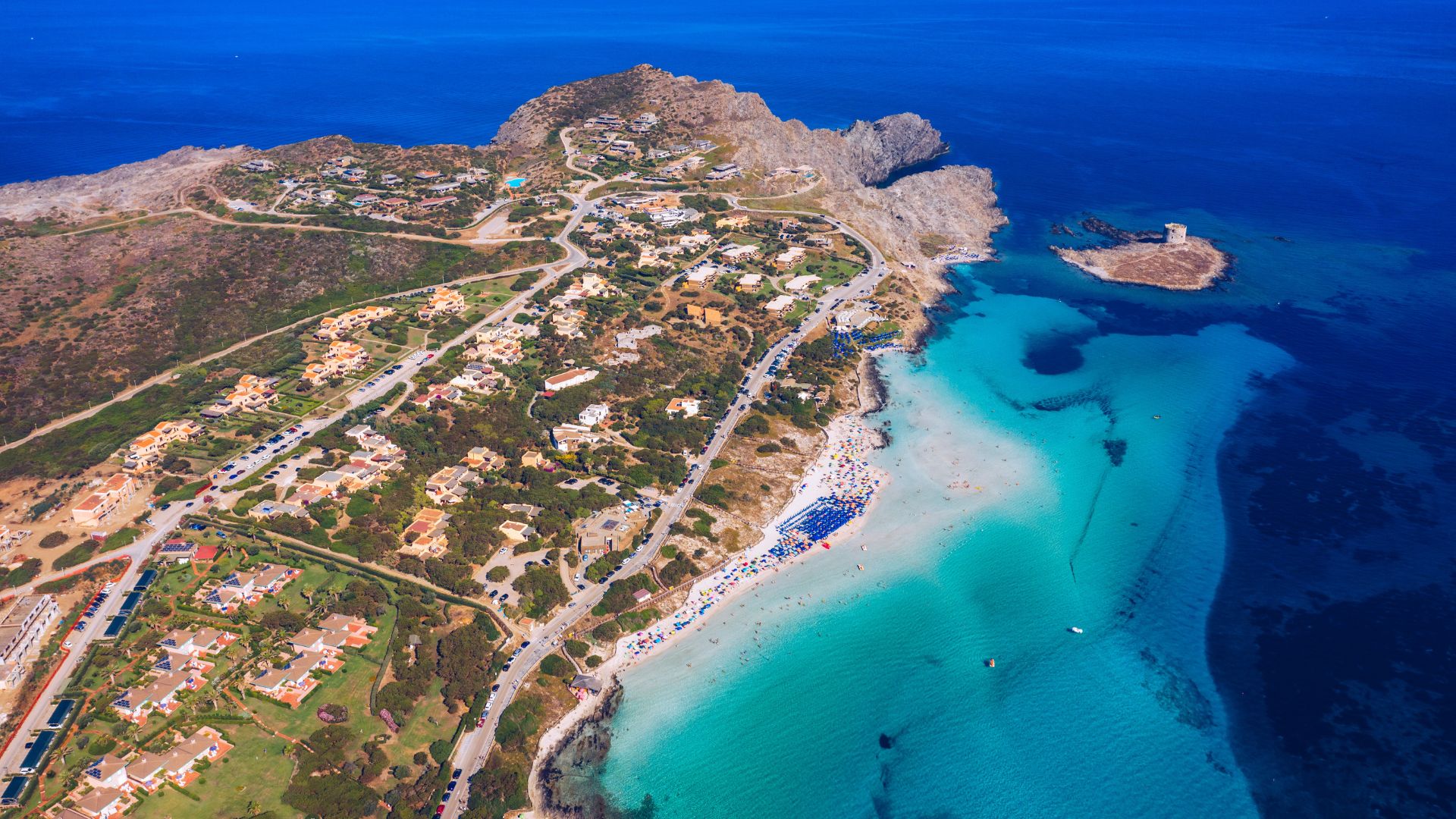 Aerial view of La Pelosa, Sardinia, Italy