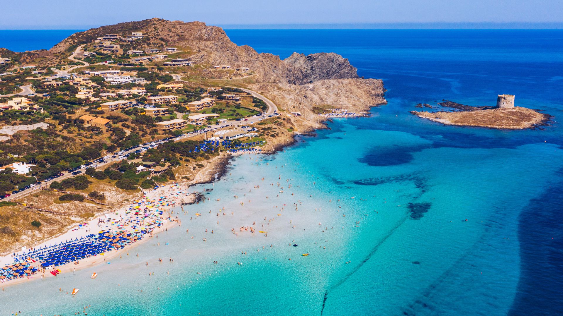 Aerial view of La Pelosa, Sardinia, Italy.