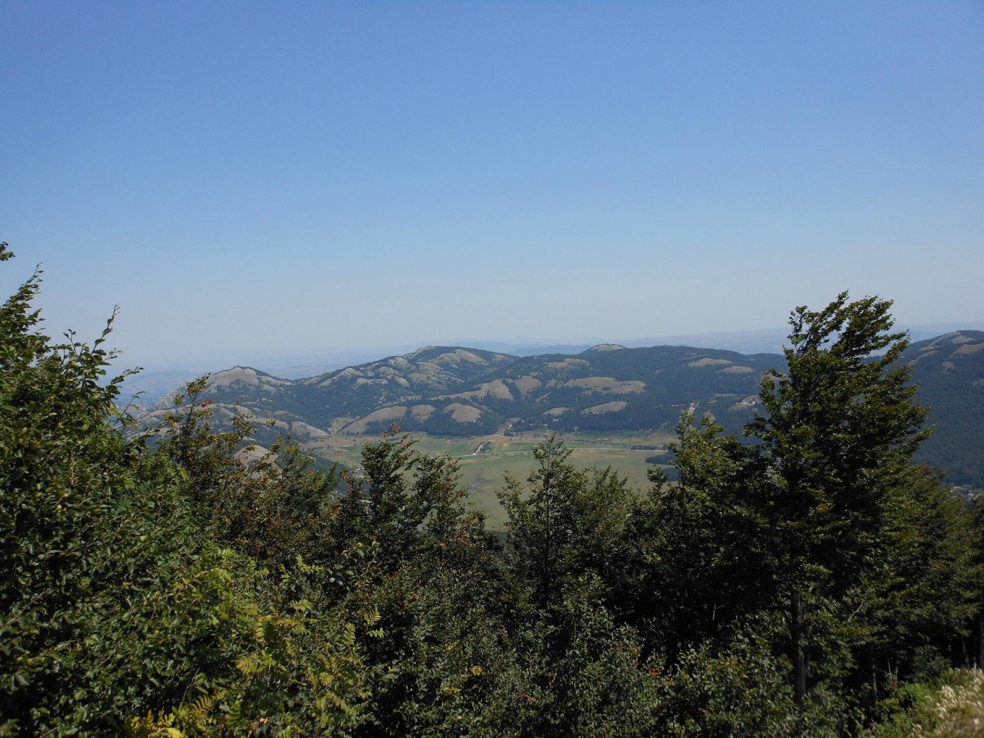 Scenic mountain and forest view of Laceno in Avellino, Italy, under a clear blue sky.