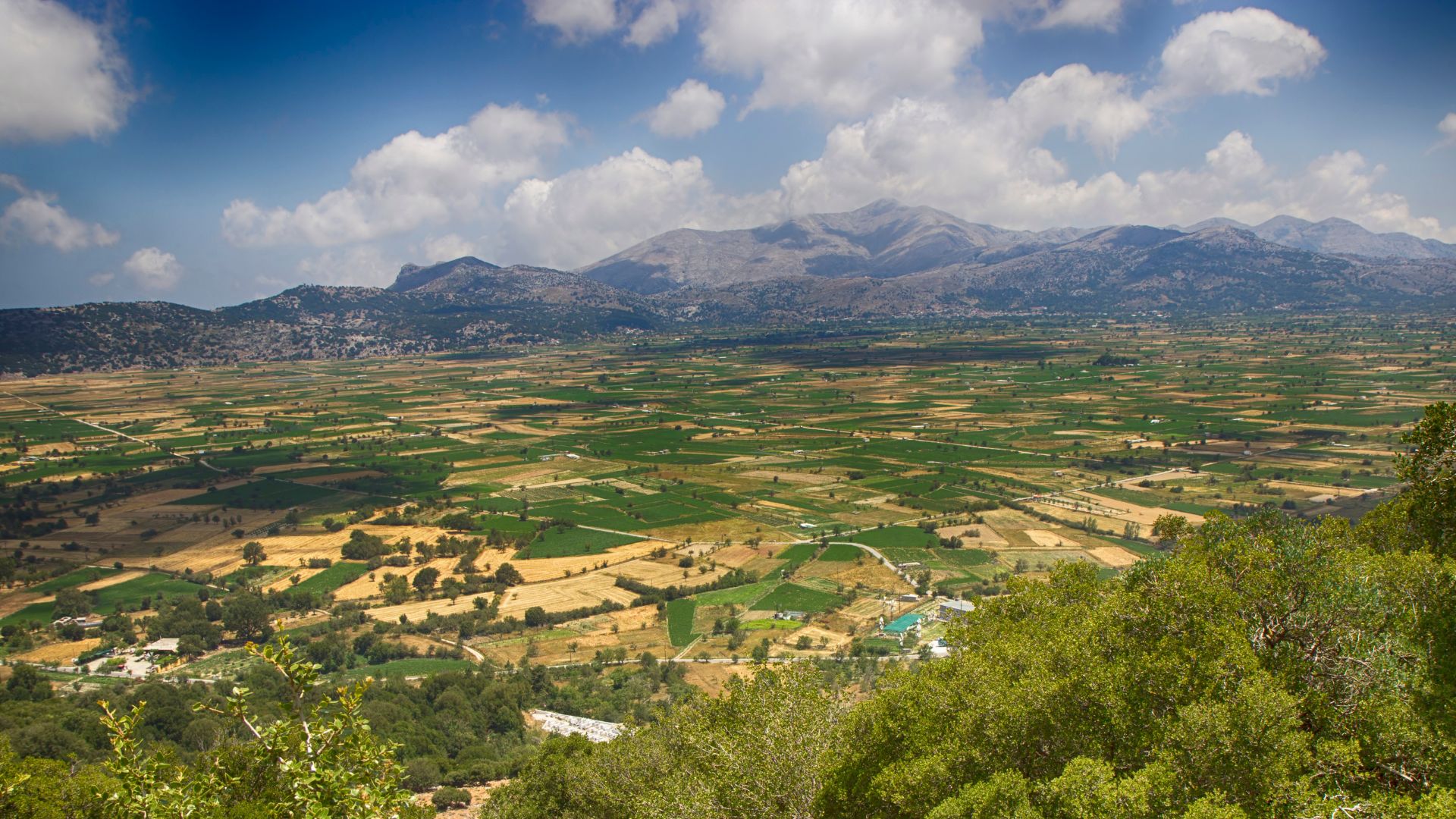 A panoramic view of the Lasithi Plateau in Crete, Greece, showcasing its agricultural fields and surrounding mountains under a partly cloudy sky.