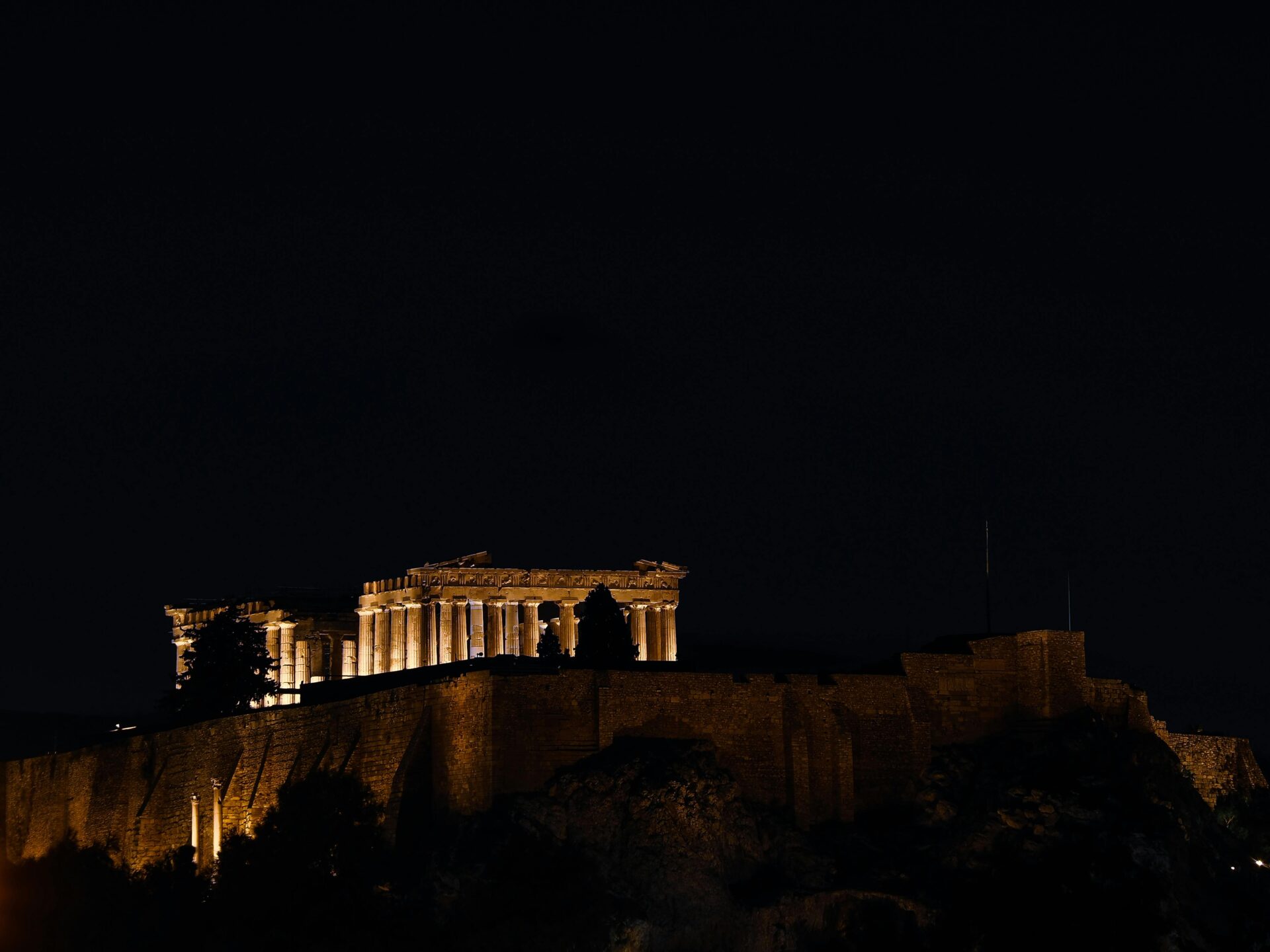 Lit up Ruins of Parthenon at Night
