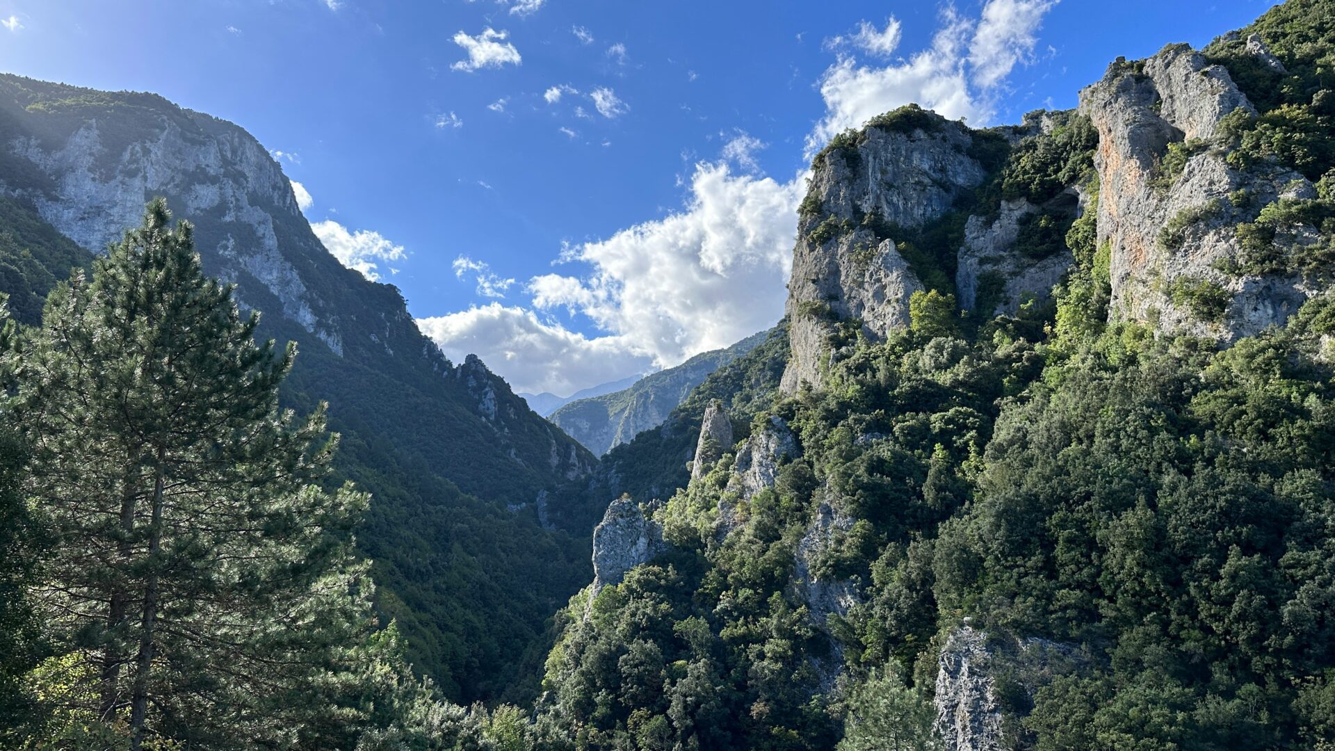 Litochoro Mountain, at the base of Mount Olympus, with lush green slopes.