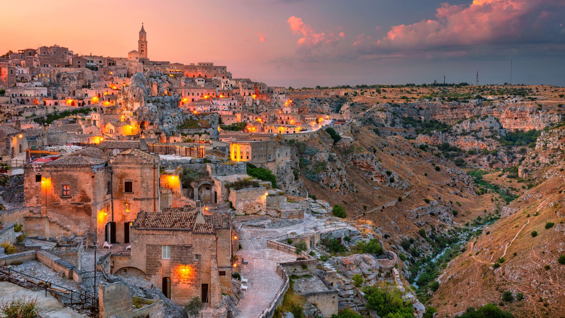 Image shows houses in Sassi di Matera, Basilicata, Italy.