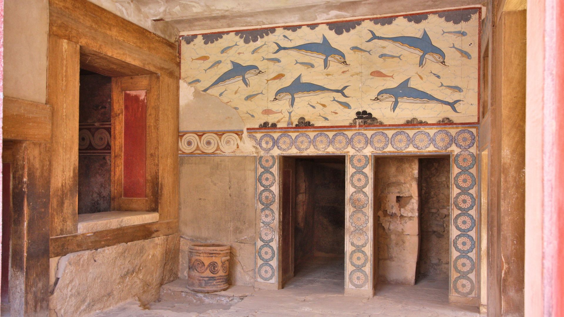 Minoan palace of Knossos in Crete, Greece featuring frescoes of dolphins. 