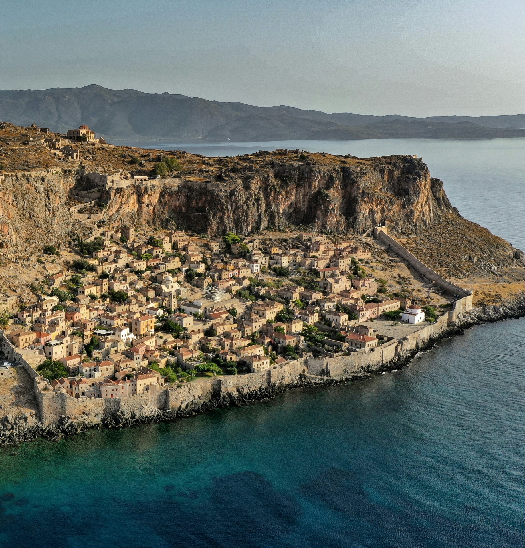 Aerial view of Monemvasia: The medieval fortress town rises from the sea