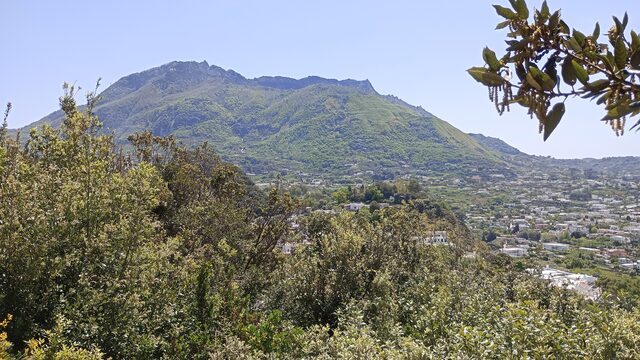 View of Monte Epomeo, the highest peak on Ischia Island in Italy, surrounded by lush greenery and a distant town below.