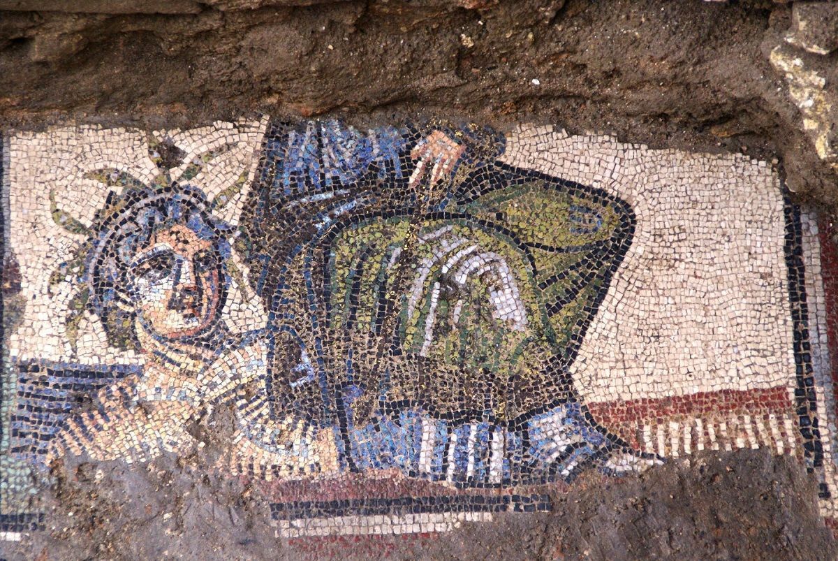Geometric and floral mosaic patterns uncovered at Plotinopolis in northern Greece.