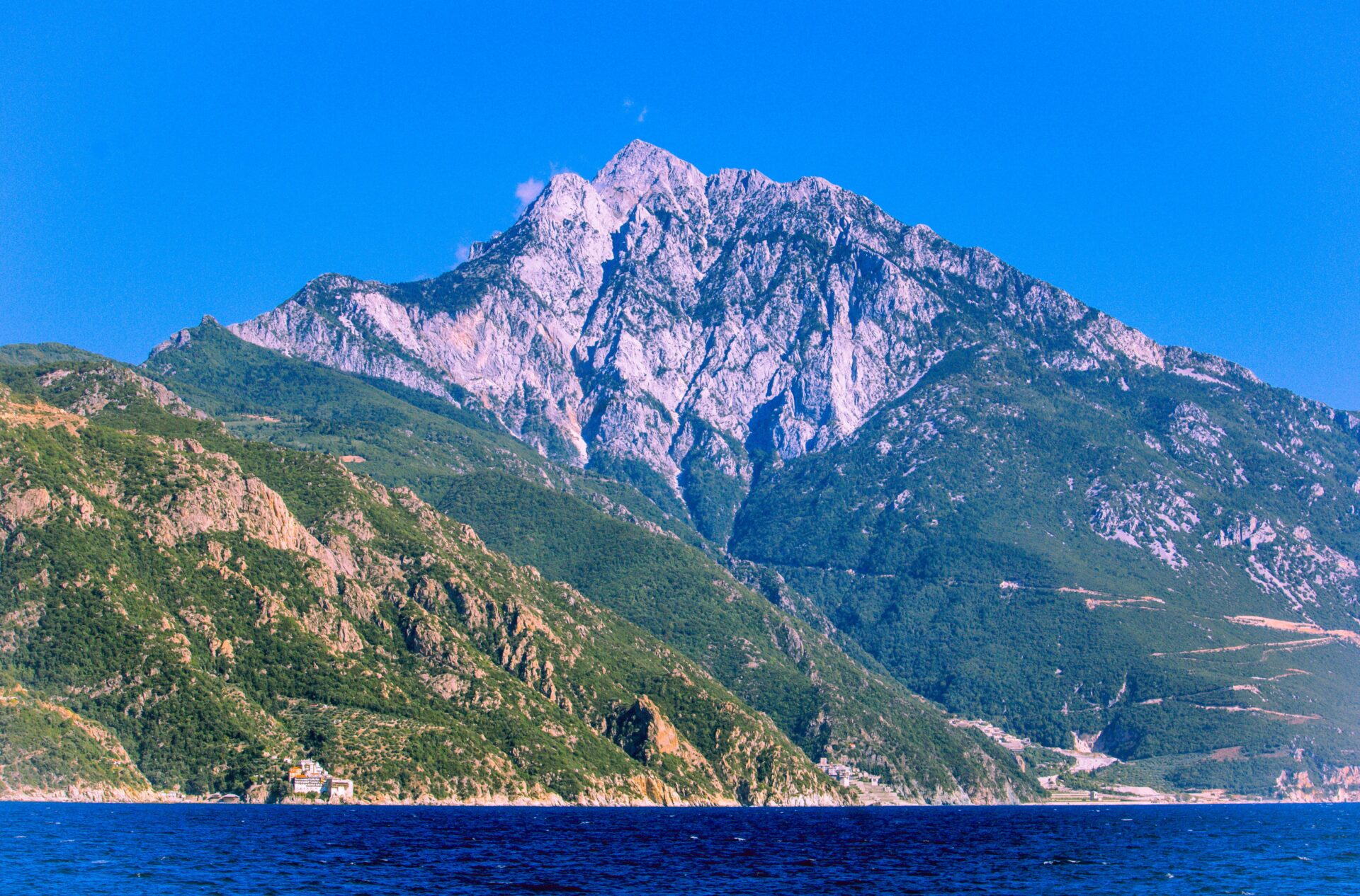 Distant view of Mount Athos rising above the Aegean Sea