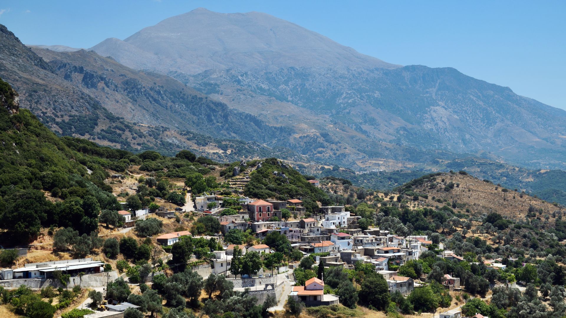 Village in the Amari Valley with Mount Psiloritis in the background, Crete, Greece.